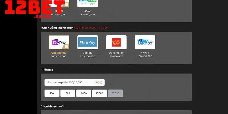 Nạp tiền 12BET 1 Nạp tiền 12BET qua ví điện tử nhanh gọn